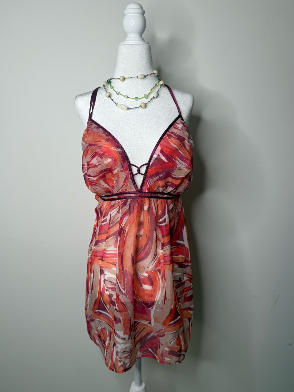 Cacique Multicolor Swirl Satin Chemise in Burgundy and Orange